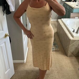 Tan and gold, elegant, body contour, high-low gown with sparkling gold accents